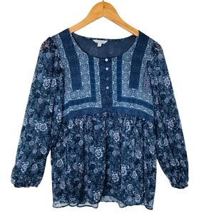 Lucky Brand Blue Floral Button Up Peasant‎ Blouse Small Bohemian Long Sleeve
